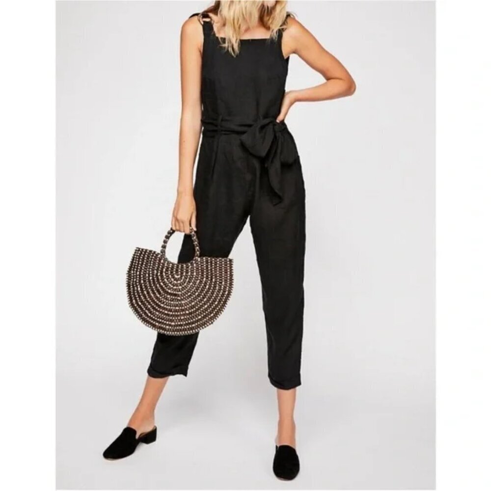 Free People Coladas All Day One-Piece Black Linen Overalls Est Womens Small